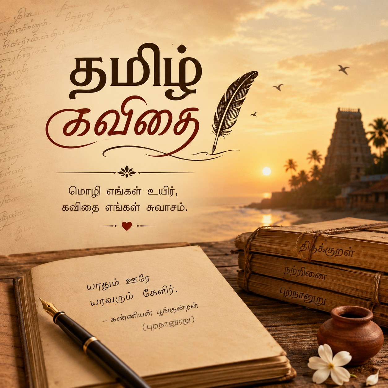 Ancient Tamil poets and scholars composing Sangam poetry with scenes from Cilappatikaram in the background
