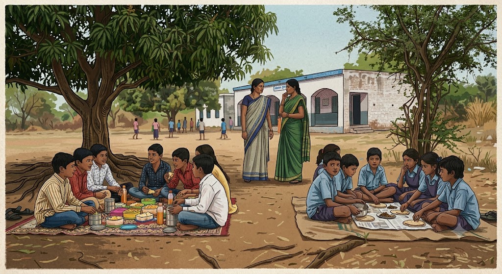 Caste discrimination among students during a school picnic in rural India.