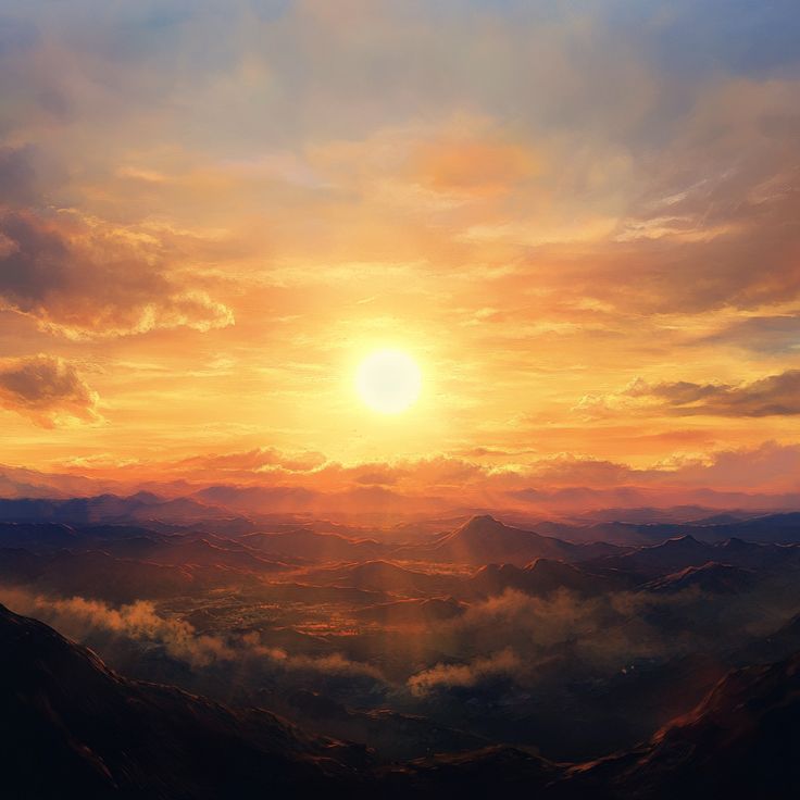 The Sun rising Golden sunrise illuminating a vast mountain landscape with glowing clouds and warm morning light.