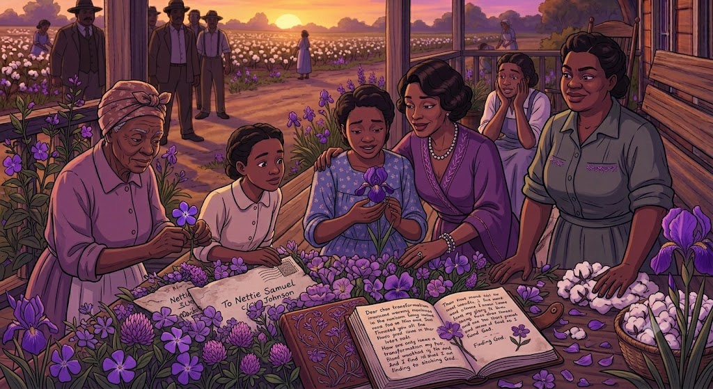 Purple flowers symbolizing love, spirituality, and transformation in The Color Purple