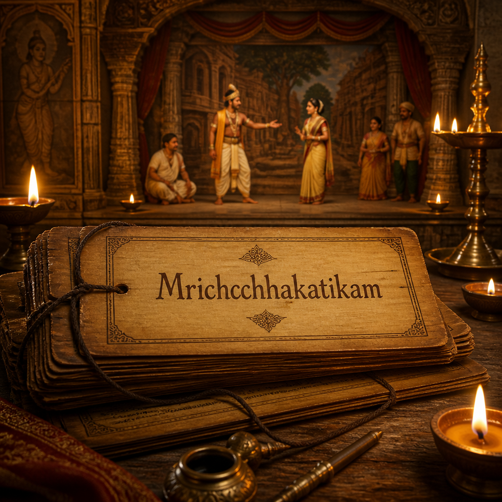 Mrichchhakatikam by Sudraka manuscript with classical Sanskrit theatre scene and traditional Indian stage backdrop