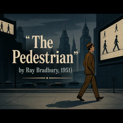 Illustration of Leonard Mead walking alone through empty futuristic streets while television-lit houses symbolize technology, dystopian society, and isolation in The Pedestrian by Ray Bradbury.