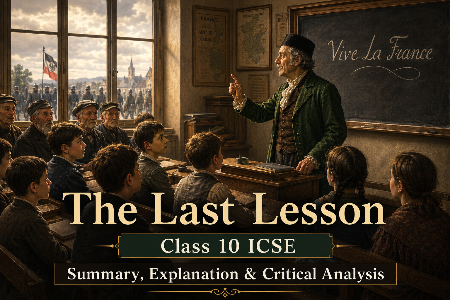 The Last Lesson by Alphonse Daudet Class 10 ICSE summary and critical analysis featuring Mr. Hamel teaching the final French lesson to students in a historic French classroom.