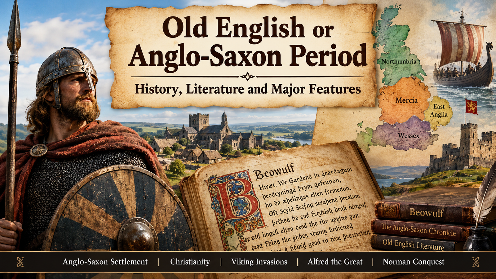 Old English or Anglo-Saxon Period showing Anglo-Saxon England, Viking invasions, Beowulf manuscript and medieval history
