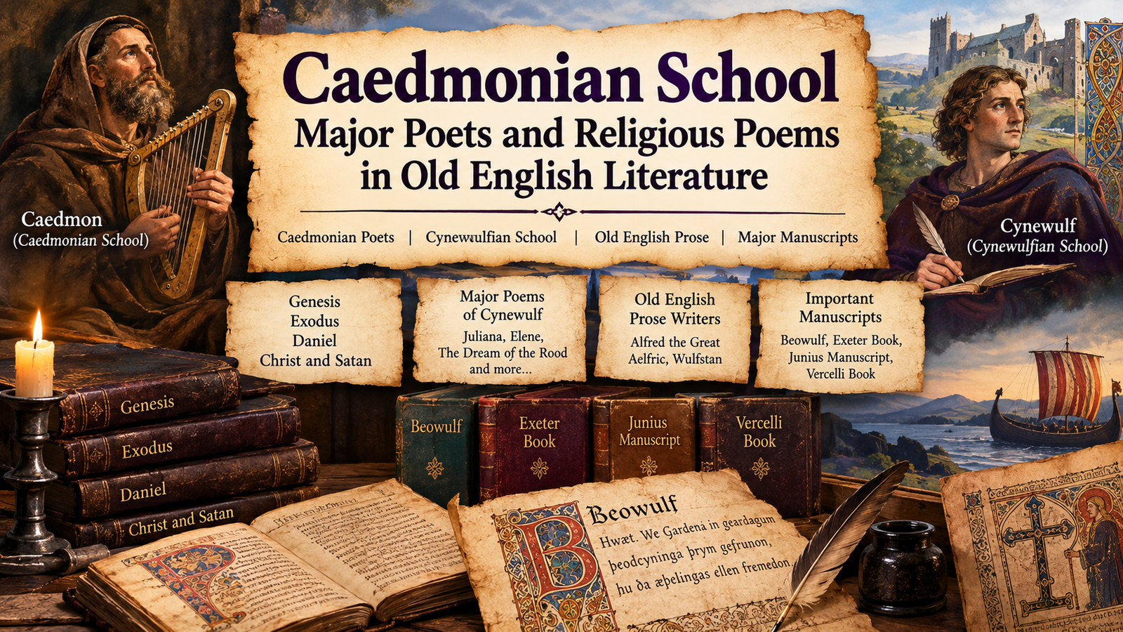 Caedmonian School, Cynewulfian School and major Old English religious poems